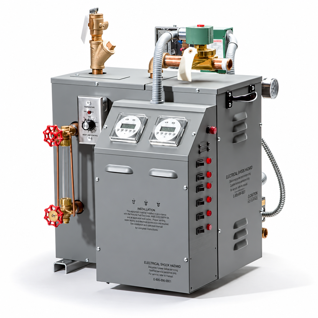 Amerec commercial steam boiler, silver front angle view