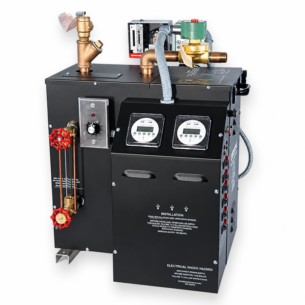 Amerec commercial steam boiler, dark front angle view