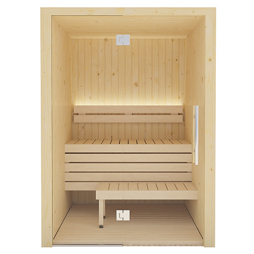 The SaunaLife XPERIENCE-Series Model X2 is a premium 2-person indoor home sauna kit that delivers Scandinavian craftsmanship and modern design at an exceptional value. Its full tempered glass front wall highlights silky smooth Aspen benches and a bright Nordic Spruce interior, creating a luxury wellness retreat that fits beautifully into a bedroom, basement, or any spare room. 